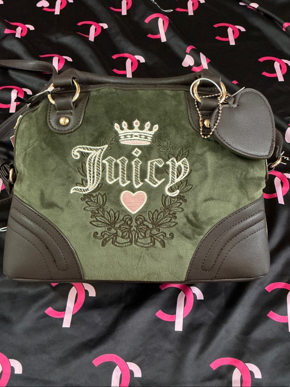 Juicy Couture Green velour Tote with brown trim, adjustable strap attached, NWT